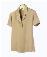 This luxe washable heavy weight 100% silk crepe short sleeve shirt is a little shaped and fitted.  The sleeves length is a little longer than a cap sleeve's, an appropriate young looking short sleeve for the fall season.  Great for work and everyday wear.  This short sleeve camp shirt made of an expensive heavy crepe silk matches the tank, trousers and long skirts in this group pictured below. 

Mid hip length: 22.5