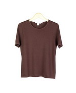 This women's jewel neck short sleeve sweater is made of of fine flat knit silk cotton lycra.  Its subtle waist and straight bottom give a classic style and fit.  This pullover drapes nicely and has a silky smooth feel.  It is a favorite all-year-round sweater for its stretchy material, comfort and flattering shape.  Mid-hip length.  Hand-wash cold and lay flat to dry or dry clean.

Available in 4 colors: Black, Brown, Camel, and Cognac.

Display Picture Color: BROWN
