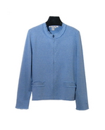 Women's stretch silk cashmere zipper front jewel neck long sleeve sweater jacket with eyelash trim design. The fine knit silk cashmere/spandex flat knit jacket is in beautiful soft heather color and has a flatterng shape and fit.  Very comfortable to wear.  It has the same dye-lot sleeve layering top and a skirt to match. 

Mid hip length. Two elegant heather colors.

Dry clean for long lasting best result.  Or hand wash cold, lay flat to dry.  Steam or press the knit jacket with steam to achieve the original luxurious look and the hand-feel.  

DISPLAY PICTURE COLOR: BLUE
