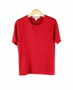 Women's silk cashmere fine knit jewel neck short sleeve sweater in classic fit and shape. 85% silk, 15% cashmere.  Clean neck line and straight bottom style.  This style matches all the stretch silk cashmere cardigns and jackets in this collection. It is also a great fall short sleeve luxurious layering piece under a woven jacket or a blazer.  

Mid hip length. 

Hand wash cold and lay flat to dry.  Then, steam or press the sweater with steam to bring back the silk cashmere softness after wash.  Or dry clean for long lasting best result.

DISPLAY PICTURE COLOR: BRIGHT RED