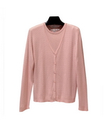 The V-Neck cardigan with matching jewel neck short sleeve sets in fine silk baby cable pattern comes in many beautiful spring colors. The delicate pattern gives you a little stretch and you will love this luxurious easy-fitting sweater sets for years to come.