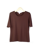 Viscose nylon 14 gauge full needle fine knit jewel neck short sleeve sweater pullover. This layering short sleeve knit top matches the knit cardigan jackets in this group. Handwash cold and lay flat to dry.  Or dry clean.

Display Picture Color: CHOCOLATE