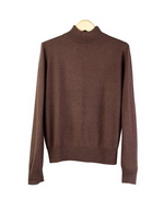 Women's silk cashmere fine knit mock neck long sleeve sweater in classic fit and shape. 85% silk, 15% cashmere.  Finely ribbed mock neck, cuffs and banded bottom.  An easy-to-match fall great sweater favored by our customers.  

12 colors, solid and heather colors, are available: Black, Blue, Butter, Heather Camel, Chambray, Heather Chocolate (brown), Cornflower Blue, Gray Heather, Pink, Red, Safari, Sea Blue and Winter White.

Hand wash cold and lay flat to dry.  Then, steam or press the sweater with steam to bring back the silk cashmere softness after wash.  Or dry clean for long lasting best result.

DISPLAY PICTURE COLOR: CHOCOLATE