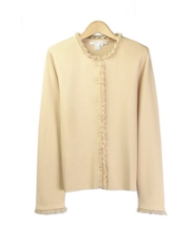 This viscose nylon jewel neck crop sleeve cardigan with lace trim is great for everyday wear.  Soft & comfortable and easy to match with jackets and bottoms.  Hand wash to clean, dry clean for best results.

Available in 4 spectacular colors: Black, Brown, Champagne, and Soft Pink.

DISPLAY PICTURE COLOR: CHAMPAGNE