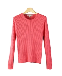 Ladies Silk/Cotton/Cashmere jewel neck sweater long sleeves in fine knit cable pattern. This silk cotton cashmere sweater is soft and stylish. Our finely knitted cable pattern holds the shape nicely and is never clingy. You will love this top for its classic style and luxurious look. Available in sizes S(6) to Plus Size 1X(16W-18W).

Available in 6 beautiful colors: Black, Light Blue, Pink, Red, Snow Gray heather and Winter White.

Display Picture Color: POPPY