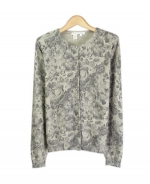 Compositions' silk cotton cashmere jewel neck cardigan is a beautifully designed fine knt top that is ideal for the fall and winter seasons. The tone-on-tone floral prints sweater gives a suble and an elegant look. The gradation of the printed colors allow you to match the cardigan easily with some of your gray or black skirts and pants that you might already have. You'll love this cardigan for its floral prints and luxurious look and feel. This item works nicely with our matching short sleeve sweater and sleeveless shell. Hand-wash or dry clean for best results. 

DISPLAY PICTURE COLOR: GRAY 