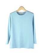 This classic crew neck 3/4 sleeve sweater is made of 100% silk in fine 14 guage flat knit. Its subtle waist shape and straight bottom give a flattering look. Its light weight and silky smooth feel provides comfort and good draping, so it is never clingy.  A favorite sweater to wear all-year-round because of its luxurious feel and look.  Mid hip length.  Handwash cold & lay flat to dry or dry clean.

Sizes range from XS (4) to Plus Size (16W-18W) are offered for this style. 

Available in 25 beautiful colors: Apricot, Aqua, Banana, Beige, Black, Blue Mist, Bone, Chambray, Hot Pink, Jade, Lime, Navy, Peach, Pink, Pink Forest, Pool green, Red, Royal blue, Sky, Stone, Sun, Turquoise, Vanilla, Watermelon and White.

DISPLAY PICTURE COLOR: SKY