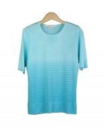 Viscose/Rayon jewel neck short sleeve sweater in dip-dye with shadow stripes. Easy to match with jackets and bottoms. Great for all occasions. Dry clean for best results. 

Available in colors: Aqua, Grass, Indigo, Lavender, and Watermelon.

DISPLAY PICTURE COLOR: AQUA