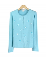 This silk/lycra cardigan is a fun and cute shirt with its specially hand-beaded dots. Its bright colors, soft touch, and comfortable fit makes this top a favorite for the spring and summer seasons. Our jewek neck cardigan works beautifully with its matching sleeveless shell in a cardigan set. Hand wash to clean or dry clean for best results. 

Available in 5 vibrant colors: Black, Ice Blue, Latte, Pink, and Sun. 

Display Picture Color: ICE BLUE