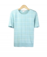 Composition's jewel neck short sleeve sweater is a soft, comfortable and easy-fit top. Its unique window pane pattern is made from a special fine gauge jacquard knit, which gives our sweater a soft touch. Our top is perfect for all occasions. Hand wash or dry clean for best results.

Available in 3 beautiful colors: Blue, Cream, and Khaki. 

Dipslay Picture Color: BLUE