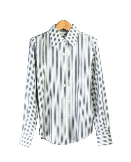 Women's Man-tailor button-down Spun Silk long sleeve shirt with wide/narrow stripe design. This silk shirt is made of 100% yarn dye stripe silk which is one of the finest silk fabric.  Classic fit, shape and style.  The ultra fine woven texture with non-shining look is especially luxurious and elegant. This shirt looks great under a suit, jacket, blazer, cardigan or it can pair with jeans. Machine or hand wash cold; Press with steam to maintain the best hand-feel. Or dry clean.  (Another narrow stripe shirt YD12N has three colors available).

2 colors in stock for this Wide/Narrow stripe: Brown/White and Charcoal/White.

DISPLAY PICTURE COLOR: CHARCOAL/WHITE STRIPE
