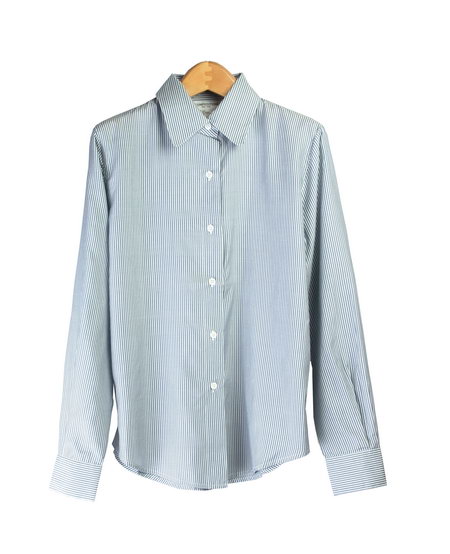 Women's tailored-collar 100% spun silk shirt w/fine-narrow stripes. A ...