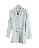 This luxe washable heavy weight 100% silk crepe notch collar long jacket with belt is half lined and has side slits.  A perfect easy and stylish jacket for early fall and beyond.  Clean sewn hem.  A soft shaped and just a little structured look is easy to work with in the fall season. 

Jacket length: 28"-29.5" long. Dry clean for best results.

DISPLAY PICTURE COLOR: ICE BLUE