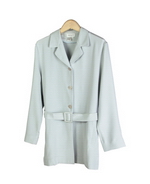 This luxe washable heavy weight 100% silk crepe notch collar long jacket with belt is half lined and has side slits.  A perfect easy and stylish jacket for early fall and beyond.  Clean sewn hem.  A soft shaped and just a little structured look is easy to work with in the fall season. 

Jacket length: 28"-29.5" long. Dry clean for best results.

DISPLAY PICTURE COLOR: ICE BLUE