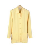 This luxe washable heavy weight 100% silk crepe shirt collar jacket with two patch-pockets is halp lined.  This is a less structured and relaxed soft jacket.  A nice boxy look easy jacket for early fall.  Clean sewn hem.  Good for work, travel and everyday wear.  It drapes beautifully.  

Jacket length: 26"-27.5" long. Dry clean for best results.

DISPLAY PICTURE COLOR: BUTTER