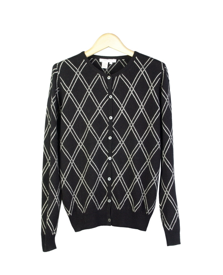 Our women's silk/cashmere jewel neck cardigan is a classic top with its jacquard diamond argyle pattern and its narrow ribbed banded bottom and cuffs. This top is made of 85% silk and 15% cashmere, providing a soft touch, nice draping, and a luxurious look. This turtleneck sweater is a precious top you'll want to have during the fall and winter seasons. Dry clean or hand-wash in cold water and lay flat to dry. Then press with steam to enhance soft texture. Sizes range from S(6) to XL(16-18).

Available in Black/White.

Display Picture Color: BLACK/WHITE