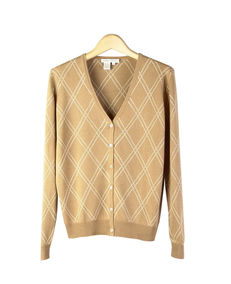 Women's Silk Cashmere V-Neck Cardigan in Jacquard Knit w/Diamond Argyle ...