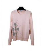 Women's silk cashmere jewel neck long sleeve sweater in fine knit argyle design. An elegant argyle pattern, 85% silk and 15% cashmere, comes in 5 beautiful collors. Clean jewel neck line and finely ribbed trim at bottom and cuffs with classic fit and style. Soft hand-feel and elegant knit work. Dry clean for long lasting best results.  Or handwash cold and lay flat to dry. Then, steam or press the knit sweater with steam to achieve the original luxurious look and the hand-feel. 

Display picture color: PINK