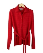 This women's silk cashmere cardigan jacket with shirt collar & belt design is beautifully made of 85% silk & 15% cashmere. This stylish top has a cable pattern front and back. It has a matching short sleeve sweater to make a beautiful set. This cardigan jacket is easy-fit and extremely comfortable. Dry clean or hand-wash cold and lay flat to dry.

Available in 8 colors: Black, Brown, Camel, Cornflower, Off-White, Pink, Red, and Sky.

DISPLAY PICTURE COLOR: RED