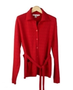 This women's silk cashmere cardigan jacket with shirt collar & belt design is beautifully made of 85% silk & 15% cashmere. This stylish top has a cable pattern front and back. It has a matching short sleeve sweater to make a beautiful set. This cardigan jacket is easy-fit and extremely comfortable. Dry clean or hand-wash cold and lay flat to dry.

Available in 8 colors: Black, Brown, Camel, Cornflower, Off-White, Pink, Red, and Sky.

DISPLAY PICTURE COLOR: RED