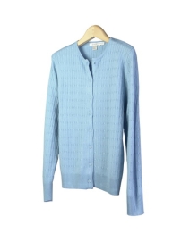This women's silk cashmere jewel neck cardigan is beautifully made of 85% silk & 15% cashmere. This stylish top has a cable pattern front and back. It has a matching short sleeve sweater to make a beautiful set. This cable-patterned cardigan is easy-fit and extremely comfortable. Dry clean or handwash cold and lay flat to dry.

Available in 7 colors: Banana, Black, Cornflower, Pink, Red, Sea Green, and Sky