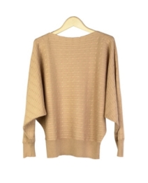 This women's silk cashmere sweater in deep dolman sleeve pullover design is beautifully made of 85% silk and 15% cashmere. This stylish sweater top has a cable pattern front and back. The sweater has a loose and relaxed look; the deep dolman sleeves give this pullover a stylish look and comfortable fit. Dry clean or handwash cold and lay flat to dry. Steam the sweater to bring the original softness of the good hand-feel.

Available in 10 colors: Banana, Black, Brown, Camel, Cornflower, Off-White, Pink, Red Sea Green, and Sky.

DISPLAY PICTURE COLOR: CAMEL