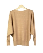 This women's silk cashmere sweater in deep dolman sleeve pullover design is beautifully made of 85% silk and 15% cashmere. This stylish sweater top has a cable pattern front and back. The sweater has a loose and relaxed look; the deep dolman sleeves give this pullover a stylish look and comfortable fit. Dry clean or handwash cold and lay flat to dry. Steam the sweater to bring the original softness of the good hand-feel.

Available in 10 colors: Banana, Black, Brown, Camel, Cornflower, Off-White, Pink, Red Sea Green, and Sky.

DISPLAY PICTURE COLOR: CAMEL