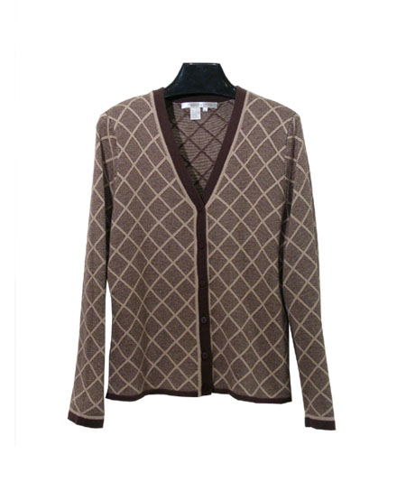 Women's silk cashmere long sleeve V-neck cardigan jacket in diamond jacquard pattern.  This button front cardigan is a classic luxurious style .  It has matching short sleeve shells to make elegant sets. It also has matching solid color skirts and knit pants to give a complete look.

Mid hip length.

Dry clean for long lasting best results.  Or hand wash cold, lay flat to dry.  Steam or press the knit jacket with steam to achieve the original luxurious look and the hand-feel.  Three beautiful colors available in stock: Black/Gray, Brown/Taupe, and Gray/Taupe.

DISPLAY PICTURE COLOR: BROWN/TAUPE
 