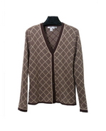 Women's silk cashmere long sleeve V-neck cardigan jacket in diamond jacquard pattern.  This button front cardigan is a classic luxurious style .  It has matching short sleeve shells to make elegant sets. It also has matching solid color skirts and knit pants to give a complete look.

Mid hip length.

Dry clean for long lasting best results.  Or hand wash cold, lay flat to dry.  Steam or press the knit jacket with steam to achieve the original luxurious look and the hand-feel.  Three beautiful colors available in stock: Black/Gray, Brown/Taupe, and Gray/Taupe.

DISPLAY PICTURE COLOR: BROWN/TAUPE
 