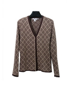 Women's silk cashmere long sleeve V-neck cardigan jacket in diamond jacquard pattern.  This button front cardigan is a classic luxurious style .  It has matching short sleeve shells to make elegant sets. It also has matching solid color skirts and knit pants to give a complete look.

Mid hip length.

Dry clean for long lasting best results.  Or hand wash cold, lay flat to dry.  Steam or press the knit jacket with steam to achieve the original luxurious look and the hand-feel.  Three beautiful colors available in stock: Black/Gray, Brown/Taupe, and Gray/Taupe.

DISPLAY PICTURE COLOR: BROWN/TAUPE
 