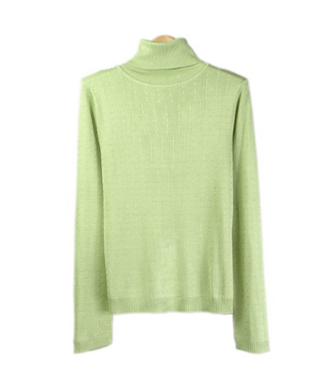 This women's 100% silk turtlneck long sleeve sweater is an elegant pullover made in a delicate baby cable pattern. You'll want to wear our comfortable top all the time. This turtleneck sweater is finely ribbed at its banded bottom and has sleeve cuffs providing a classic look.  Available in sizes XS(4) to XL(16). Dry clean or hand wash cold and lay flat to dry.  Steam to maintain silkiness.

Available in 16 colors: Banana, Beige, Bone, Candy Pink, Chocolate, Cranberry, Vanilla, Navy, Pink, Poppy, Red, Royal, Sky, Strawberry, Turquoise and White.

Display Picture Color: GREEN LEAF