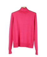 This classic women's turtleneck sweater of 100% silk has a fine-ribbed banded bottom and cuffs.  Its light weight and silky smooth feel allow it to drape nicely, so it is never clingy.  It is one of our costumers' favorite turtleneck sweaters because of its great comfort, flattering shape and high quality; a must-have basic sweater for the fall and winter seasons.  Handwash cold & lay flat to dry or dry clean. Available sizes range from XS (4) to XL (16).

Available in 17 beautiful colors: Banana, Beige, Candy Pink, F.Vanilla, Green Leaf, Hot Pink, Jade, Mink, Olive, Peri, Pink, Red, Royal, Salmon, Sky, Turquoise, and White.

DISPLAY PICTURE COLOR: STRAWBERRY