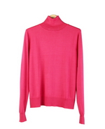 This classic women's turtleneck sweater of 100% silk has a fine-ribbed banded bottom and cuffs.  Its light weight and silky smooth feel allow it to drape nicely, so it is never clingy.  It is one of our costumers' favorite turtleneck sweaters because of its great comfort, flattering shape and high quality; a must-have basic sweater for the fall and winter seasons.  Handwash cold & lay flat to dry or dry clean. Available sizes range from XS (4) to XL (16).

Available in 17 beautiful colors: Banana, Beige, Candy Pink, F.Vanilla, Green Leaf, Hot Pink, Jade, Mink, Olive, Peri, Pink, Red, Royal, Salmon, Sky, Turquoise, and White.

DISPLAY PICTURE COLOR: STRAWBERRY