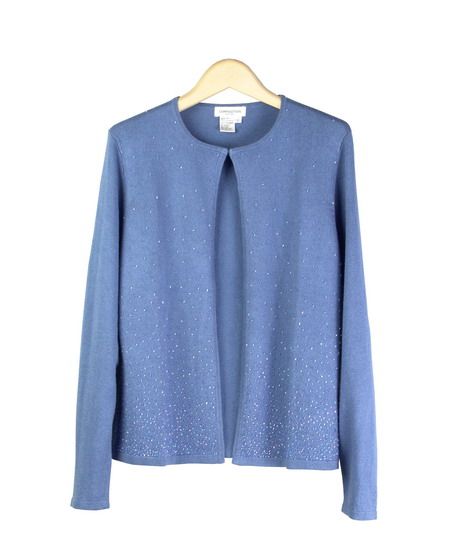 85% silk and 15% Cashmere, fine knit sweater cardigan with hand sewn beads design. Hand wash or dry clean for best results. Great for all occasions. 3 colors available:  Cornflower, Gray, and Red.

DISPLAY PICTURE COLOR: CORNFLOWER