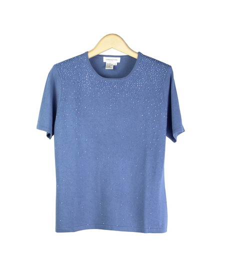 Silk Cashmere Short Sleeve Sweater With Beads. 85% silk, 15% cashmere. Soft and comfortable. Great for all occasions. Easy to match with jackets and bottoms. Hand wash or dry clean for best results. Available in 3 colors: Cornflower, Gray, and Red. 

DISPLAY PICTURE COLOR: CORNFLOWER