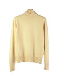Our women's silk cashmere ribbed mock neck long sleeve flat knit sweater is made of 85% silk & 15% cashmore. This garment has finely ribbed cuffs and a ribbed bottom. This knit sweater has a young and sporty look - a fall must-have. Mid-hip length. Hand-wash in cold water & lay flat to dry. Pressing w/ steam will help maintain the softness of our silk cashmere top.

Available in  colors: Black, Blue, Butter, Heather Camel, Heather Chocolate, Cornflower, Eggplant, Heather Gray, Ice Coffee, jade, Pink, Red, Sea Blue, and Winter White.

DISPLAY PICTURE COLOR: BUTTER