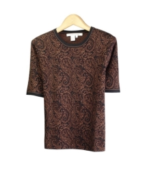Our silk cotton short sleeve top is a fine jacquard knit. This short sleeve is a jewel neck top which matches all the knit jacket in this paisley design collection. It is great for all occasions. Hand wash or dry clean for best results.

Available in 2 beautiful colors: Royal and Brown. 

Display Picture Color: BROWN