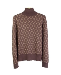 This 100% silk jacquard turtleneck sweater in long sleeve is made in a fine 14 gauge double flat-face knit. It is in a large-fine-line argyle pattern. Our turtleneck sweater is incredibly soft, tightly knitted, and drapes nicely. Dry clean, or hand-wash in cold water and press w/ steam to maintain its silky touch. 

Available in 5 beautiful colors: Black/Red, Brown/Camel, Camel/Ivory, Cranberry/Black, and Red/Black.

DISPLAY PICTURE COLOR: BROWN/CAMEL