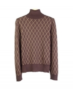 This 100% silk jacquard turtleneck sweater in long sleeve is made in a fine 14 gauge double flat-face knit. It is in a large-fine-line argyle pattern. Our turtleneck sweater is incredibly soft, tightly knitted, and drapes nicely. Dry clean, or hand-wash in cold water and press w/ steam to maintain its silky touch. 

Available in 5 beautiful colors: Black/Red, Brown/Camel, Camel/Ivory, Cranberry/Black, and Red/Black.

DISPLAY PICTURE COLOR: BROWN/CAMEL