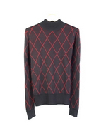 This 100% silk mock neck sweater long sleeve is made in a fine 14 gauge double flat-face jacquard argyle pattern knit. It is in a large-fine-line argyle design. This high quality and luxurious pullover is incredibly soft, tightly knitted, and drapes nicely. It is a very smooth and soft silky sweater top. 

Dry clean, or hand-wash in cold water and press w/ steam to maintain its silky touch. Available in large sizes.

Available in 4 colors: Black/Red, Camel/Ivory, Cranberry/Black, and Red/Black.

Display picture color: BLACK/RED

