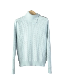 Silk Cotton Cashmere mock neck cable sweater in long sleeve has interesting side-button neck design. Picture shown in light blue is a medium cable pattern split mock neck long sleeve sweater top. This novelty knit mock turtle is stylish and comfortable to wear for the fall and winter seasons. Hand wash in cold water and lay flat to dry. Then steam the sweater to enhance the baby soft-touch. Or dry clean for long lasting care.

8 beautiful colors, in both solid color and heather color, are available: Black, Heather Gray, Green Leaf, Light Blue, Heather Olive, Pink, Poppy, Red and Heather. (Women's Silk Cotton Cashmere Sweater)

DISPLAY PICTURE COLOR: LIGHT BLUE
