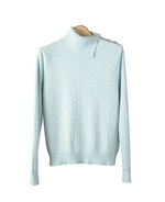 Silk Cotton Cashmere mock neck cable sweater in long sleeve has interesting side-button neck design. Picture shown in light blue is a medium cable pattern split mock neck long sleeve sweater top. This novelty knit mock turtle is stylish and comfortable to wear for the fall and winter seasons. Hand wash in cold water and lay flat to dry. Then steam the sweater to enhance the baby soft-touch. Or dry clean for long lasting care.

8 beautiful colors, in both solid color and heather color, are available: Black, Heather Gray, Green Leaf, Light Blue, Heather Olive, Pink, Poppy, Red and Heather. (Women's Silk Cotton Cashmere Sweater)

DISPLAY PICTURE COLOR: LIGHT BLUE
