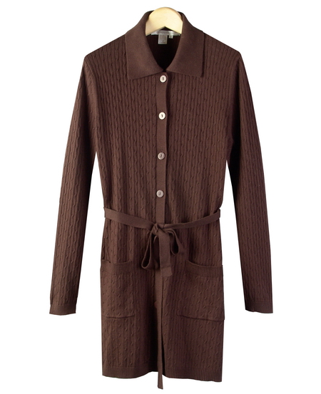 Silk/Cotton/Cashmere fine knit cable pattern knee length coat-jacket with belt design. Picture shown in heather chocolate brown color is a medium cable pattern design long jacket. This cable knit jacket has a matching short sleeve sweater top to match as a jacket set. 

4 nice colors for this style are in stock: Black, Heather Dark Brown, Light Blue and Pink.

DISPLAY PICTURE COLOR: BROWN