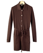 Silk/Cotton/Cashmere fine knit cable pattern knee length coat-jacket with belt design. Picture shown in heather chocolate brown color is a medium cable pattern design long jacket. This cable knit jacket has a matching short sleeve sweater top to match as a jacket set. 

4 nice colors for this style are in stock: Black, Heather Dark Brown, Light Blue and Pink.

DISPLAY PICTURE COLOR: BROWN