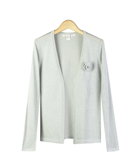 This women's silk lurex cardigan with open-front style is finely-knit and baby soft. It's matching hand-knit flower pin gives a beautifully delicate look. The lurex cardigan is easy-fit and easy-care. After washing our good-hand silk lurex cardigan, it comes out fresh as new. This silk lurex cardigan has several matching shells to make beautiful cardigan sets. The cardigan sets are our customers' favorite special occasion outfits. Mock neck sleeveless shell, scoop neck tank top, or jewel neck short sleeve sweater top in this silk lurex colletion can all mixed-and-matched with this stylish silk lurex cardigan.  

6 colors in stock: Beige/Silver, Black/Black, Gold/Gold, Pink/Silver, Silver/Silver, and White/Lurex.

DISPLAY PICTURE COLOR: SILVER/SILVER