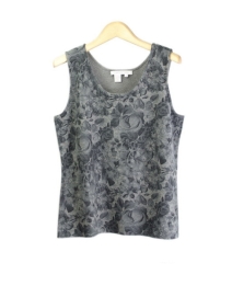 Compositions' silk cotton cashmere scoop neck sleeveless shell is a beautifully designed tank that is ideal for the fall and winter seasons. You'll love this elegant shell for its floral prints, luxurious look, and flattering fit. The tone-on-tone floral prints gives a suble and an elegant look. The gradation of the colors allow you to match this tank top with many gray or black jackets, skirts and pants that you might already have. This shell also matches nicely with our the floral cardigan and floral knit jacket in this design group. Hand-wash or dry clean for best results.

DISPLAY PICTURE COLOR: BLACK