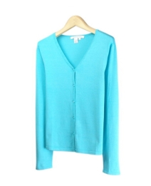 Our silk/lycra long sleeve flat v-neck cardigan is soft, comfortable and easy to match with jackets and bottoms. This item is made in 14 gauge flat knit. Hand wash or dry clean for best results. 

Available in 5 vibrant colors: Aqua, Hot Pink, Salmon, Sky, and White. 

Display Picture Color: AQUA