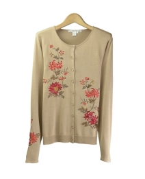 This women's 100% silk jewel neck long sleeve cardigan is an elegant top with embroidery pattern that you will want to wear all the time.