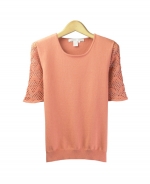 Composition's cotton/cashmere knit jewel neck short sleeve sweeater is a beautiful top that can be worn on all occasions. It has a matching cardigan to make a nice outfit.

Hand wash in cold water or dry clean for best results. 