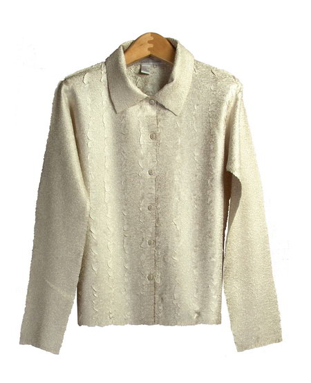 Our beautiful hand-made button down crinkle blouse is designed through a heat and steam process. This long sleeve shirt has a slim fit, but its crinkle pattern allows enough stretch for you to comfortably wear often. This garment is easy-care as well as easy-fit. To maintain its original shape and pattern, wash in cold water lay flat to dry. (Do not use an iron or any other source of heat/steam.)

Available in 6 beautiful colors: Black, Gold, Pink, Red, Sand, and White.

DISPLAY PICTURE COLOR: SAND